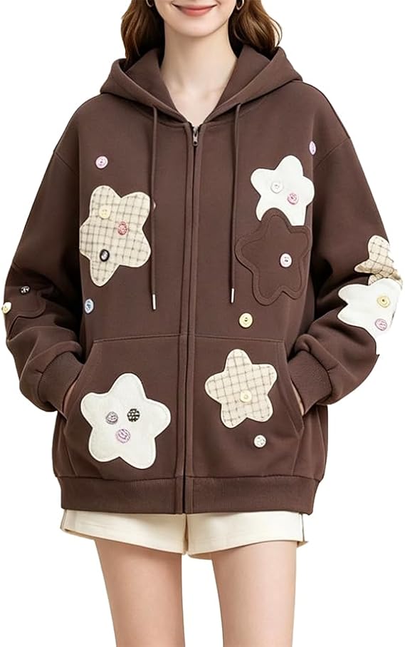 OATSBAS Men's Star Patch Zip Up hoodie for Men Women Graphic Hoodies Y2K Oversized Sweatshirt Jacket Streetwear