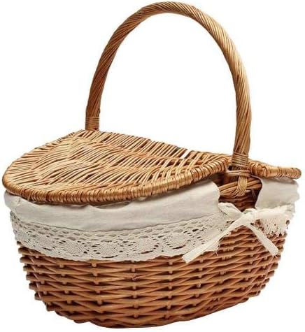 Picnic Bags Wicker Basket Willow Picnic Basket Hamper Shopping Basket Bag with Lid and Handle and White Liner for Outdoor Camping Picnic Travel Camping (Color : Wood)