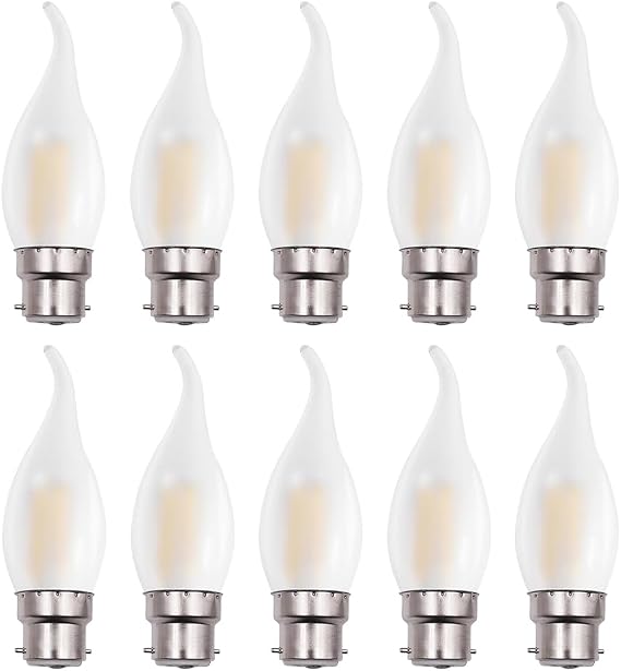B22 Dimmable Bayonet LED Light Bulbs, B22d Candle Filament Chandelier Bulb, C35 Soft Warm White 2700K Frosted Glass Flame Shape Bent Tip, Energy Saving Light Bulbs, 10 Pack [Energy Class F]