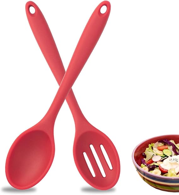2-Piece Nonstick 7.87inch/20cm Silicone Spoons Set BRIIEC Silicone Mini Eating Utensils Set,Solid Spoon and Slotted Spoon for Dinner Mixing Baking Stirring Draining - Red