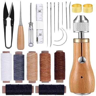 GTAAOY Professional Sewing Awl Kit, Portable Leather Sewing Awl Thread Kit with Straight Bent Needles Rolls Waxed Threads Small Screwdriver Yarn Scissors Needle Threader Tape Measure for DIY Craft