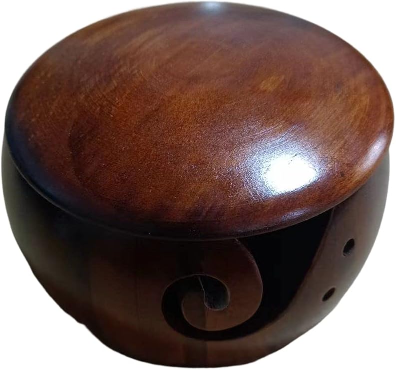 Wooden Yarn Bowl with Lid, Handmade Craft Knitting Bowl, Durable Wooden Yarn Storage Bowls for DIY Knitting Crocheting Accessories (A-with Cover)