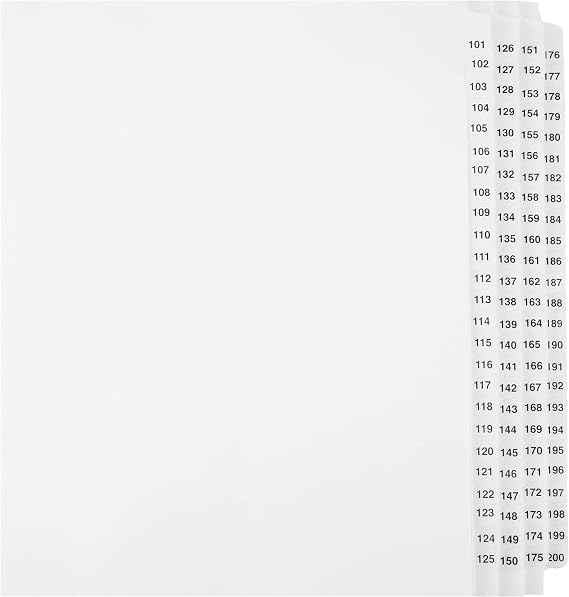 Exhibitindexes Numbered Dividers 101-200 AVE Style Bold Font Tabs Made in USA