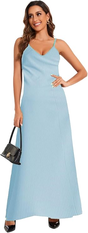 DinyIn Women's Blue Summer Maxi Dresses Sexy V Neck Loose Ribbed African Dress Casual Plus Size Adjustable Sundress with Pockets