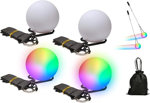 4 Piece LED Poi Set LED Poi Balls LED Poi Set Spiral Pois Soft Spinning POI Toy Set with Rainbow Colours and Strobe Effect Soft Pois for Children for Election Events Schools Concerts