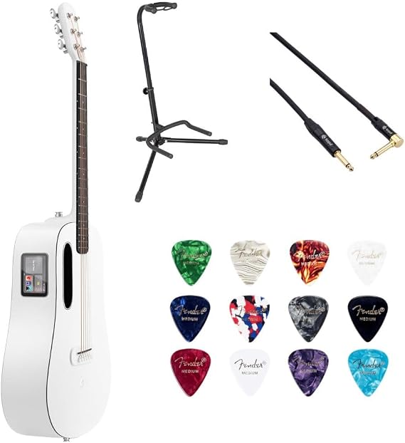 LAVA ME PLAY Smart Guitars,HILAVA 2.0 36' Sail White Bundle with Classic Celluloid Guitar Pick 351 Shape Medley 12-Pack, Rok-It Tripod Guitar Stand, Kopul Premium 3000 Male Instrument Cable