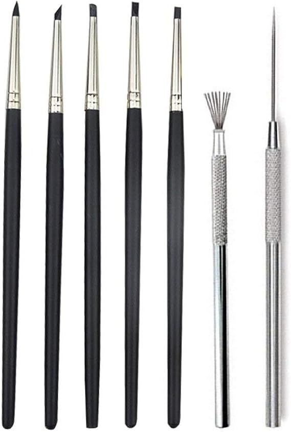 COMIART Artist Sculptural Supplies Tools Set,5pcs Size 0 Silicone Color Shaper Painting Brushes +1pcs Professional Detail Needle +1pcs Feather Wire Texture Metal Brushes