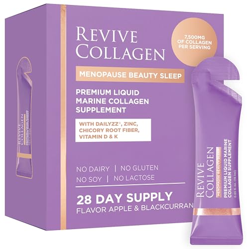 Revive Collagen Menopause Beauty Sleep Hydrolyzed Marine Collagen Drink for Women, 7,500MG, Zinc, Chicory Root Fiber, Vitamin D & K, Supports Sleep Quality, Apple & Blackcurrant Flavour 28 Sachets
