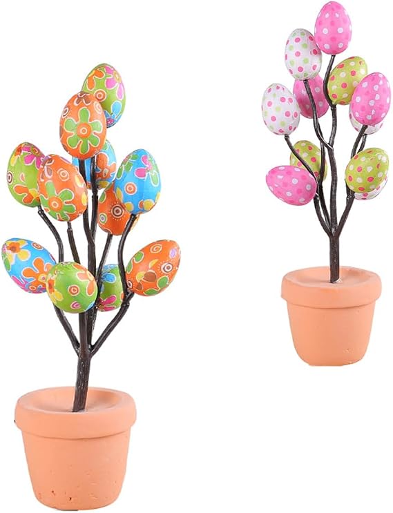 Easter Egg Plant for Spring Party Decorations Easter Egg Flower Pot 2 Pack Artificial Colorful Eggs Plant Potted Flower Egg Spotted Eggs