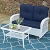 VIVIJASON 2-Piece Patio White Wicker Loveseat Glider Set Cushioned, Outdoor Conversation Furniture Sets W/ 2-Seater Glider Rocking Bench, Coffee Table and Cushions for Porch Garden Poolside, Navy Blue