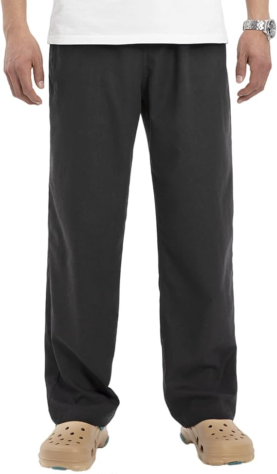Men's Linen Loose Drawstring Elastic Waist Wide Leg Solid Casual Pants