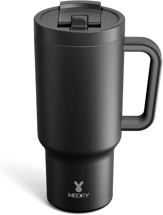 Meoky 32 oz Tumbler with Handle and Flip Straw, 100% Leakproof Tumbler with Lid and Straw, Stainless Steel Insulated Cup, Cupholder Friendly, Keeps Cold for 24 Hours (Night)