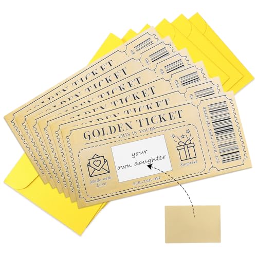 6PCS Golden Tickets, 6PCS Gold Scratch Card with Envelope Surprise Gift Reveal Scratch Off Ticket Card for Birthday Wedding Voucher Concert Ticket Cinema Voucher Raffle Gift