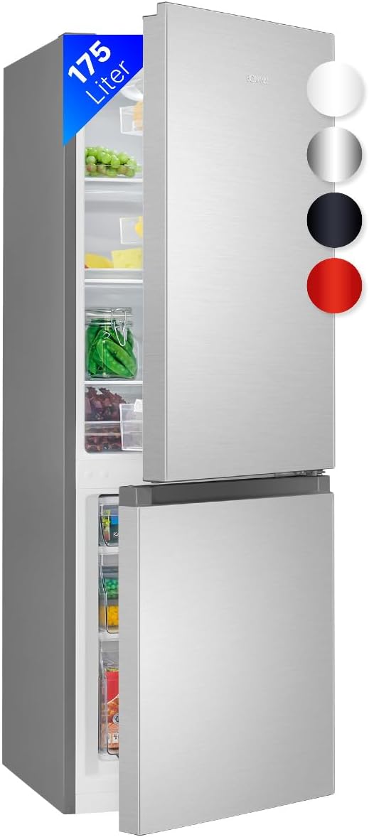 Bomann® Fridge-Freezer KG 320.2 143 cm High Fridge-Freezer with 175 Litre Capacity 3 Shelves and 3 Drawers Door Stop Replaceable Quiet Fridge-Freezer 39 dB Inox [Energy Class E]