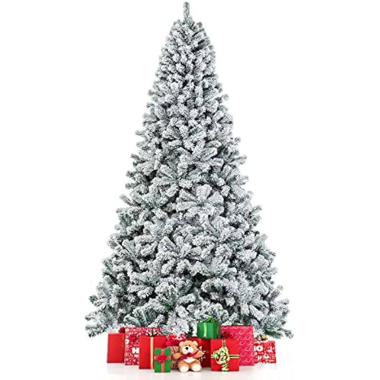 COSTWAY 9 FT Snow Flocked Christmas Tree, Artificial Holiday Hinged Pine Tree with 1498 Branch Tips, Solid Metal Stand, Premium Xmas Full Fake Tree for Home, Office, Party Decoration