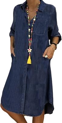 Guteidee Womens Denim Shirt Dresses Long Sleeve Button Down Flowy Ruffle Western Casual Jean Dress with Pockets