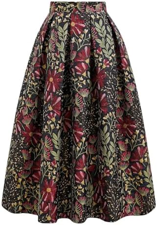 CHICWISH Women Daisy Field Pleated Midi Skirt Printed A-Line Casual High Waist Swing Flared Vintage Skirts with Pockets
