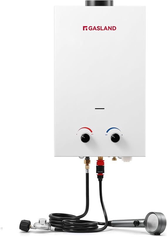 GASLAND BS211 Outdoor Portable Gas Water Heater 2.11 GPM, 8L Instant Propane Water Heater for RV Camping Cabin Boat, Overheating Protection, Easy to Install, White