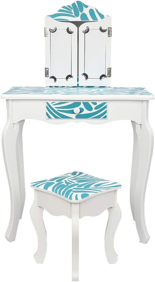 Makeup Dressing Vanity Set,Vanity Table and Chair Set, Girls Vanity Set with Mirror and Stool, Tri-Folding Mirror, Makeup Dressing Table with Drawer, with Mirror (Blue Zebra)