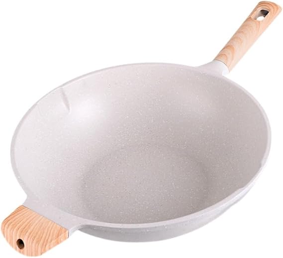 White Non-Stick Wok Pan, Lightweight Medical Stone Stir-Fry Pans,Flat Bottom Chinese Flat Bottom Woks with Anti Scald Handle, for All Stove Tops,Induction Compatible, Gas Cook