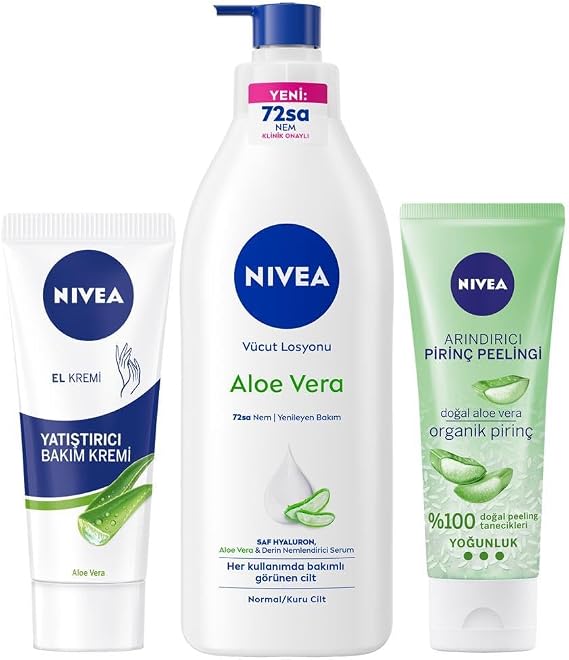 NIVEA Aloe Vera Body Lotion, 400ml and NIVEA Soothing Hand Cream for Normal/Dry Skin, Aloe Vera, Jojoba Oil, For Dry Skin, Moisturizing Hand Cream 75ml and NIVEA Aloe Vera Lip Cream 4.8gr