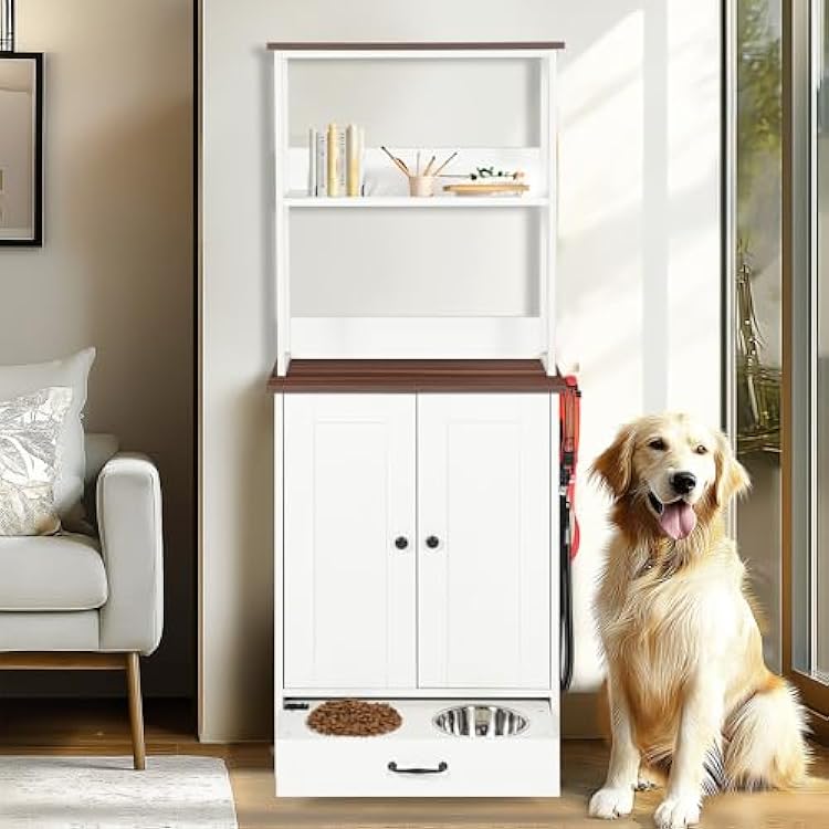 Dog Food Cabinet with 2-Level Shelving, Dog Food Storage Cabinet with Bowls and Drawers, Pet Feeding Station with Adjustable Shelves and Hooks White-2 Level Shelving