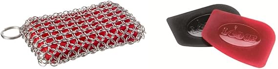 Lodge ACM10R41 Scrubbing pad, One, Red & SCRAPERPK Durable Pan Scrapers, Red and Black, 2-Pack