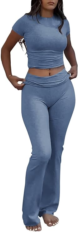 YETOWA Womens 2 Piece Outfits Low Rise Flare Leggings Short Sleeve Top Soft Stretchy Lounge Set Yoga Casual