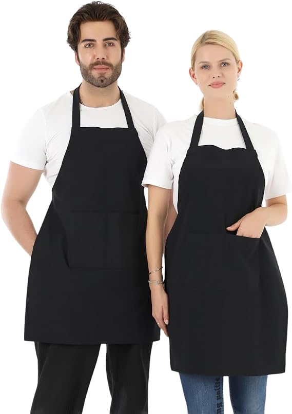 Erkek ve Kadınlar için - Şef, Aşçı, Kafe, BBQ, Kuaför Önlüğü Apron 80 x 60 cm Large Rahat Tüm Bedenler Bel Bağları ile Dayanıklı ve Hafif, Yıkanabilir 2 Geniş Cep - 1'li Paket, Siyah