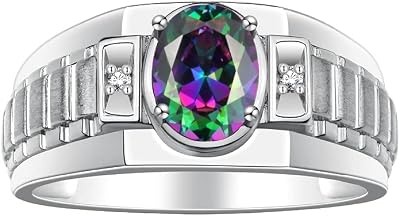 Rylos Mens Sterling Silver Designer Rings - Classic Style with 8x6MM Oval Gemstone & Diamond Accents - Birthstone Rings in Sizes 8-13