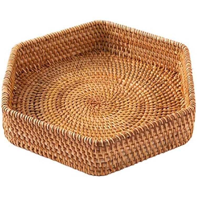 Rattan Woven Tray Hexagonal Handmade Wicker Storage Basket Fruit Food Snack Coffee Tea Tray for Kitchen Office Home Decor Wooden S