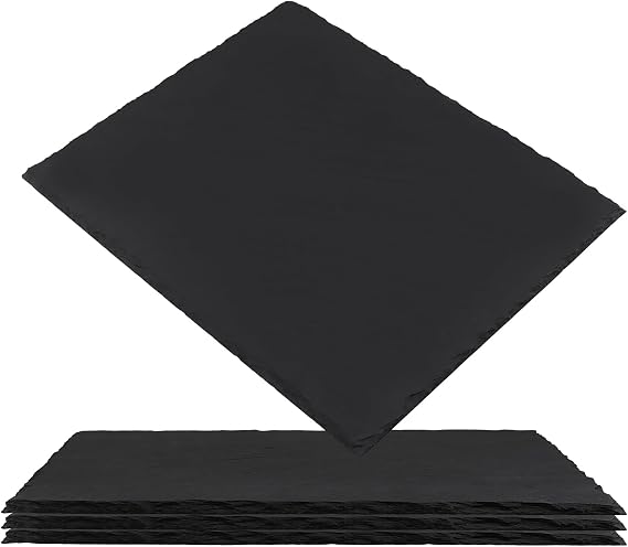 MOUYAT 4 Pack 12x10 Inch Black Slate Plates, Rectangle Slate Cheese Board with Natural Edge, Natural Stone Plates Cutting Board Charcuterie Boards for Cheese, Sushi, Meat, Appetizers