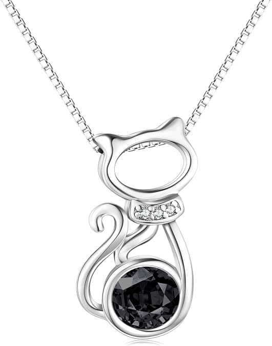 AOBOCO Sterling Silver Cat Necklace for Women Birthstone Cat Pendant Jewelry Gifts for Cat Lovers