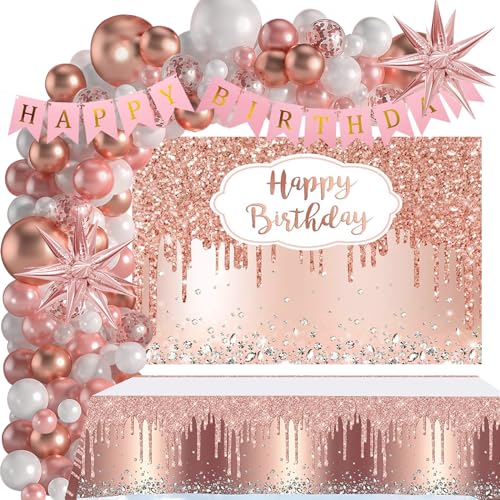 Rose Gold Birthday Party Decorations, 121PCS Happy Birthday Party Supplies Including Backdrop, Balloon ArchGarland Kit, Tabblecloth, Banner for Women
