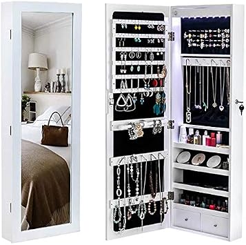 LEDs Mirror Jewelry Cabinet, Wall or Door Mounted Jewelry Armoire Organizer with Mirror, mirror and jewelry case Space Saver 37 x 10 x 108cm (L x W x H)