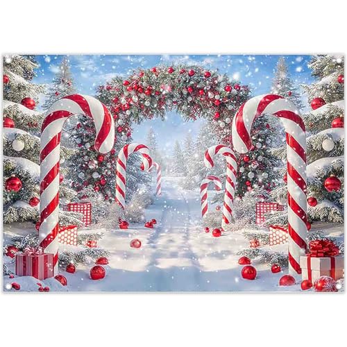 ZTHMOE Fabric 7x5ft Merry Christmas Cane Candy Photography Backdrop Winter Snow Scene Xmas Tree Background New Year Eve Party Decoration Holiday Photo Banner Props