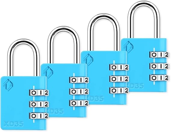 XD35 Combination Lock, 3-Digit Padlock for School Gym Sports LockerLock, Fence, Toolbox, Case, Hasp Storage (4-Pack, Blue)