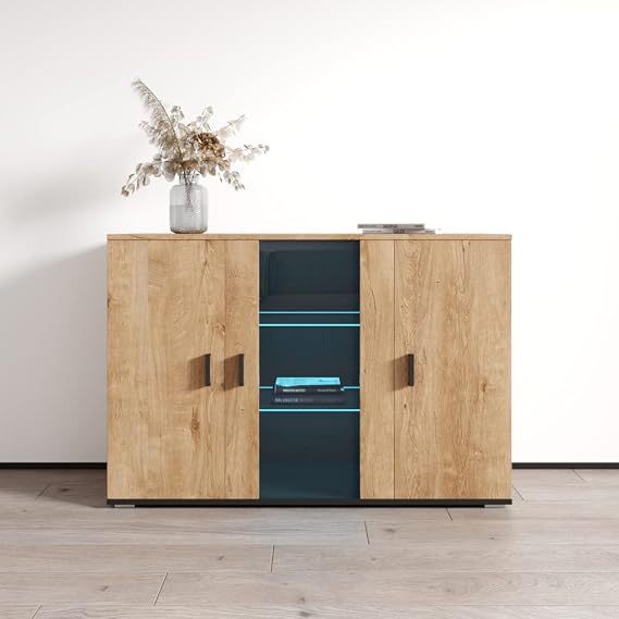 Meble Furniture Soho S7 3D Modular Sideboard 3 Doors with LED Lights Engineered Wood Oak, 16" D x 47" W x 31.5" H