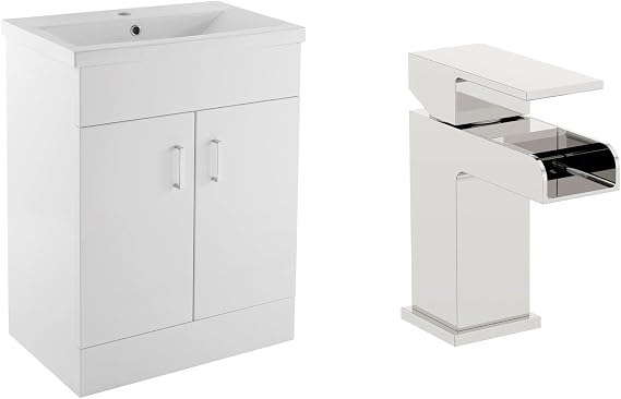 VeeBath Sobek 600 Vanity Unit with Basin and Waterfall Mixer Tap, Floor Standing Cabinet Rectangular Ceramic Wash Basin for Bathroom Furniture with 2 Doors- Gloss White (Flat Pack)