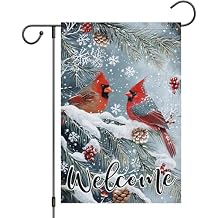 Heyfibro Welcome Winter Garden Flag Cardinal Red Bird Christmas Garden Flag 12x18 Inch Double Sided Burlap Snowflake Holly Red Berry Rustic Yard Flag for Seasonal Christmas Winter Farmhouse Decoration
