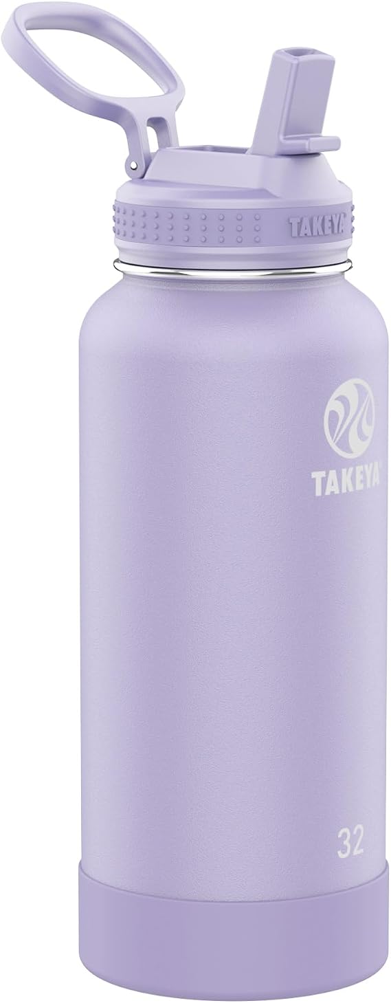 Takeya Actives Insulated Stainless Steel Water Bottle with Straw Lid, 32 Ounce, Lavender Field