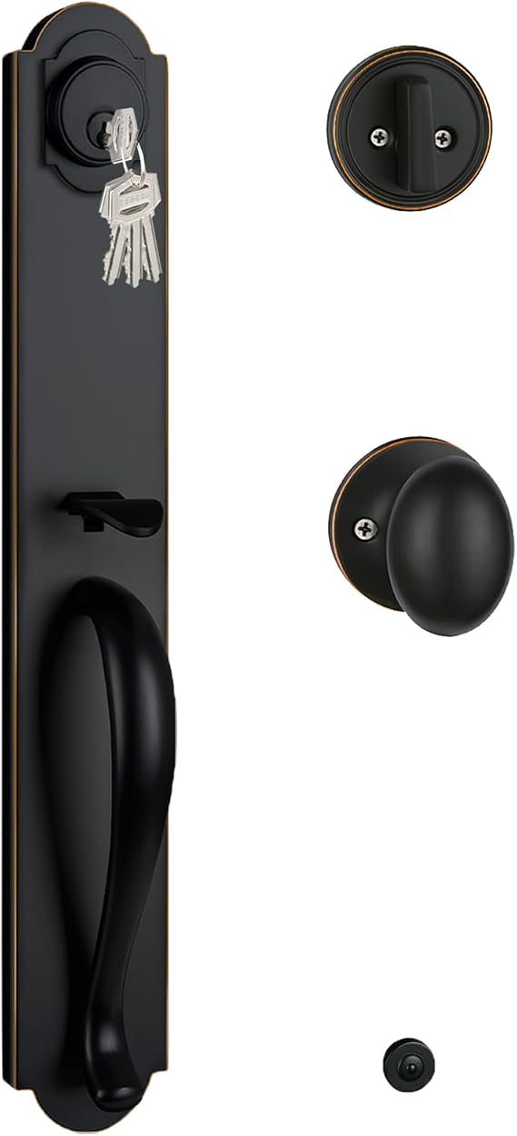 Heavy Duty Front Door Handle with Single Cylinder Deadbolt&Knob | Exterior Door Handleset in Camelot Trim, Right & Left Handed, 17.72'' Length Handleset, Oil Rubbed Bronze Finish