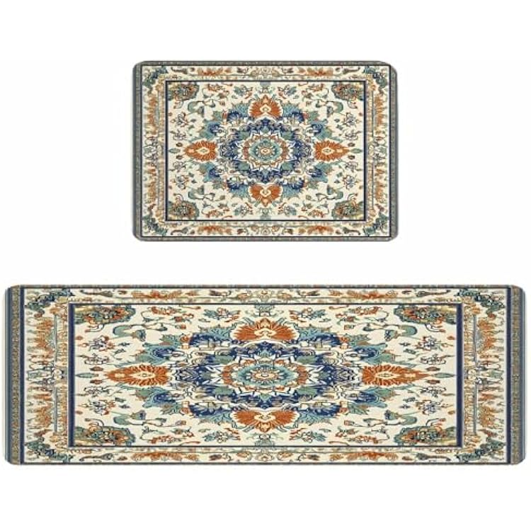 Southwest Farmhouse Kitchen Rugs and Mats Set of 2, Non-Slip Kitchen Sink Mat, Orange Blue Desert Bohemian Doormat Bathroom Rugs Runner for BedroomLiving Room 15.7x23.615.7x47.2