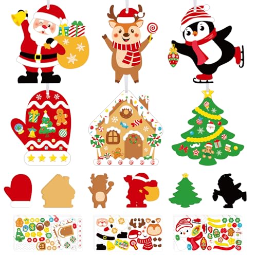 DIY Christmas Craft Kits for Kids, 24Pcs Christmas Tree Ornaments Hanging Craft DIY Santa Claus Gingerbread House Crafts Kit Christmas Penguins Reindeer Gloves Christmas Tree Crafts for Kids 24Pcs