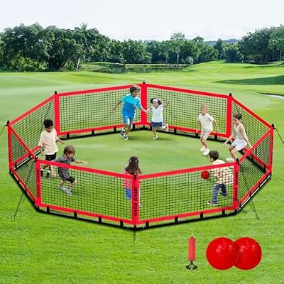 Gaga Ball Pit for Kids, Portable Gagaball Court 15ft Equipped with Carry Bag, 2 Gaga Balls, Wind Ropes and Ground Spikes for Sport Games and Indoor & Outdoor Activities