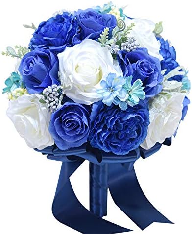 Abbie Home 10 inches Royal Blue Dahlia Bride Bouquets-Artificial Wedding Flower Real Touch Blooming White Rose Bouquet with Satin Ribbon Handle