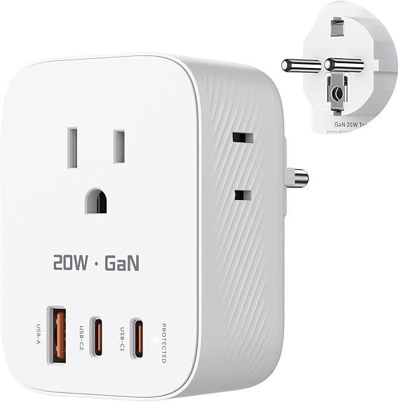 European Travel Plug Adapter, Thinkbee GaN 20W Type E/F Power Plug, with 3 AC Outlets, 2 USB C & 1 USB A Port, Travel Essentials for US to Most Europe French German Spain Greece Norway Iceland Korea