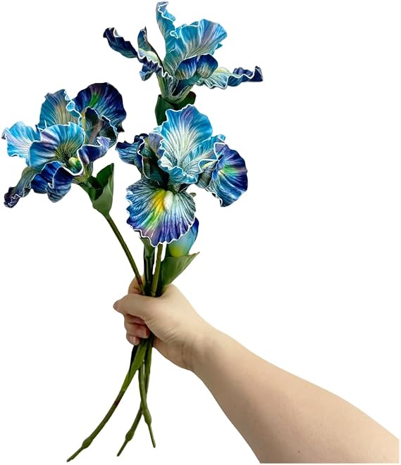 Rikyo 3pcs Blue Iris Flower Artificial PU Flower Heads with Stem,Real Touch