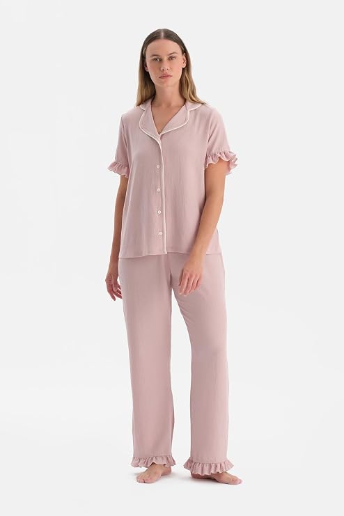 Dagi Kadın Pijama Takımı Açık Pembe Biyeli Gömlek Pantolon