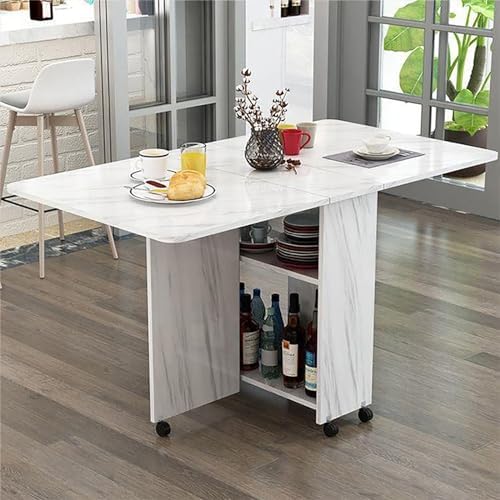 Foldable Dining Table with 6 Wheels - Extendable Drop Leaf Design Space-Saving Compact with Open Storage Shelves for Work Study Dining & Home Use